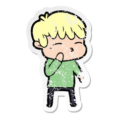 distressed sticker of a cartoon curious boy