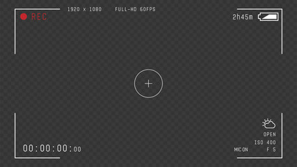 Video camera viewfinder overlay. 16:9 full hd format of frame with 60 fps template. Camera frame vector template. White lines and text, rec icon with information on transparent dark background. © ikonstudio