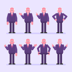 Old businessman points and shows. Character set