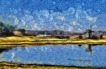 Nature landscape and old historical mill in village. Impressionism oil painting in Vincent Van Gogh modern style. Creative artistic print for canvas or textile. Wallpaper, poster or postcard design.