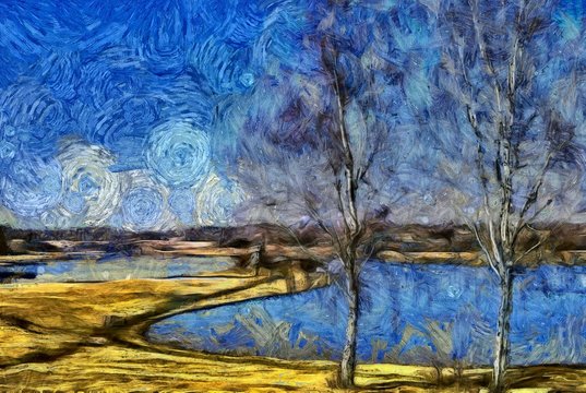 Incredible beauty of nature landscape. Spring season. Impressionism oil painting in Vincent Van Gogh modern style. Creative artistic print for canvas or textile. Wallpaper, poster or postcard design.