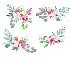 Obraz premium Collection spring Wedding romanric watercolor bouquet. Hand drawing watercolor blue pink and purple flowers ornament