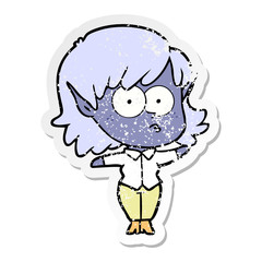 distressed sticker of a cartoon elf girl staring