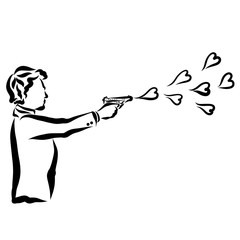 man shoots a pistol, a heart instead of a bullet, a romantic shot