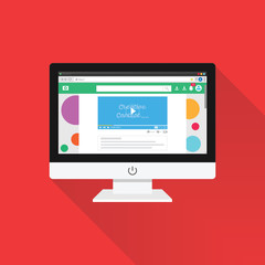 Video sharing website on monitor screen concept. Modern video player design template for internet in flat style. Isolated in red background. Vector illustration.