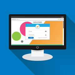 Login form interface displayed on monitor screen. Modern concept for user to enter mailing web address. Isolated web blue background and color dots. Vector illustration.