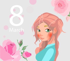 Happy Women's Day or 8th March illustration with beautiful girl.