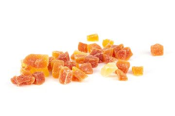 Lot of slices of dry papaya isolated on white background