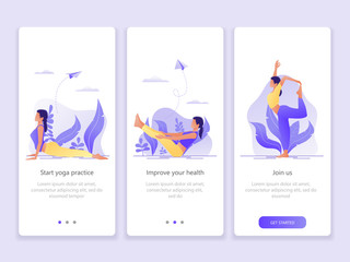 Yoga School, Studio, Class. Onboarding screens user interface kit. Modern user interface UX, UI screen template for mobile smart phone or web site. Woman does yoga exercise, yoga pose. Vector