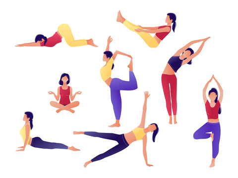 Yoga workout girl set. Women doing yoga exercises. Can be used for poster, banner, flyer, card, website. Warming up, stretching. Vector illustration. Red, yellow, violet.