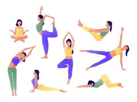 Yoga workout girl set. Women doing yoga exercises. Can be used for poster, banner, flyer, card, website. Warming up, stretching. Vector illustration. Green, yellow, violet.