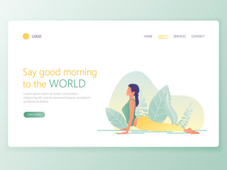 Landing Web page template of Yoga School, Studio. Modern flat design concept of web page design for website and mobile website. Woman does yoga exercise, yoga pose. Vector illustration