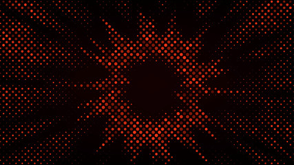 Festive shiny neon background. Halftone gradient pattern vector illustration. Explosion, salute. Glowing red dotted, dark red disco lights halftone texture. Pop Art comic Background. Dots background