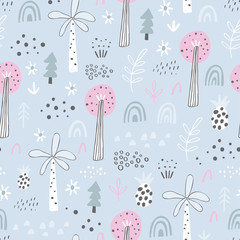 Forest. Jungle tropical seamless pattern in childish style. Different kinds of trees - hand drawn vector illustration in creative organic style. Perfect for kids fabric, textile, nursery wallpaper.