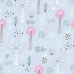 Wall murals Jungle  children room Forest. Jungle tropical seamless pattern in childish style. Different kinds of trees - hand drawn vector illustration in creative organic style. Perfect for kids fabric, textile, nursery wallpaper.