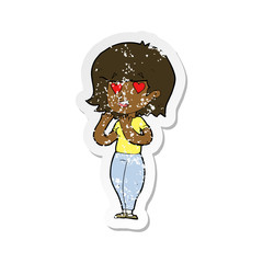 retro distressed sticker of a cartoon woman in love