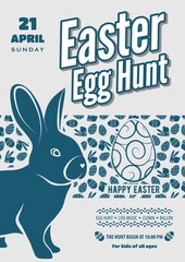 Easter Egg Hunt poster or invitation design with eggs and cute bunny.  Vector illustration.