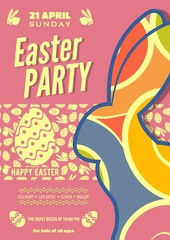 Easter Party poster or invitation design with eggs and cute bunny. Vector illustration.