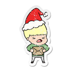 distressed sticker cartoon of a stressed man wearing santa hat
