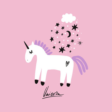 Vector cute animals art. Little pony, night unicorn in simple cartoon scandinavian style. Good for nursery clothes