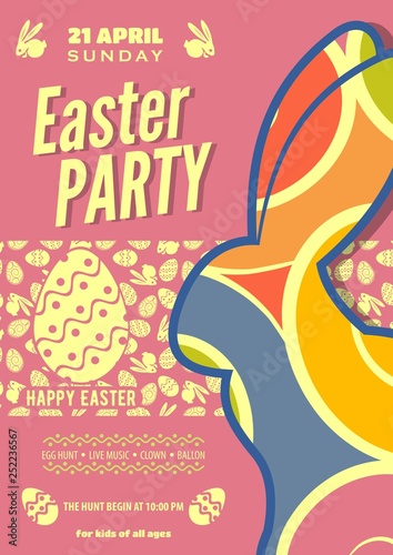 Easter Party poster or invitation design with eggs and cute bunny. Vector illustration.
