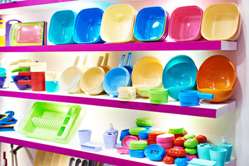 Plastic kitchenware in store