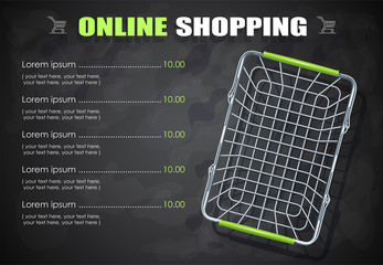 Shopping basket for supermarket products. Shop equipment. Realistic market trolley. Top view. Dark background. Eps10 vector illustration. © aleksangel