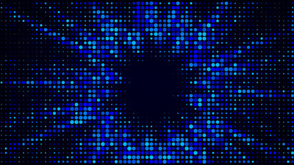 Festive shiny neon background. Halftone gradient pattern vector illustration. Explosion, salute. Glowing blue dotted, blue disco lights halftone texture. Pop Art comic Background. Dots background