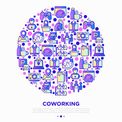 Coworking office concept in circle with thin line icons: workplace, meeting room, conference hall, smart office, parking, reception, legal address, fast internet. Vector illustration for print media.