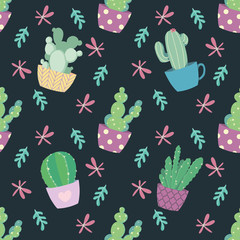 Seamless pattern with cute and bright cartoon cactus plants and flowers on dark background