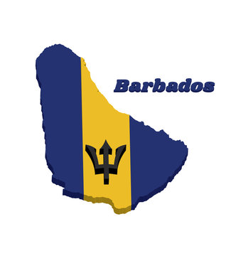 3D Map outline and flag of Barbados, A vertical triband of ultramarine (hoist-side and fly-side) and gold with the black trident-head centred on the gold band.