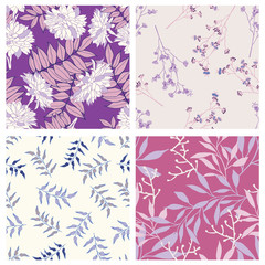 Beautiful wild flowers and leaves seamless pattern design set