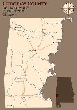 Large and detailed map of Choctaw county in Alabama, USA