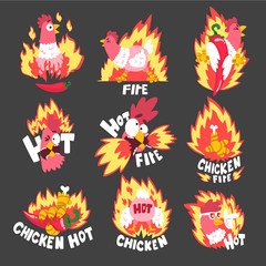 Hot spicy fire chicken set, creative logo design templates vector Illustration