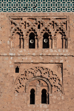 Detail of minaret of Koutoubia Mosque, with powerful muezzin speakers, Medina of Marrakesh, Morocco