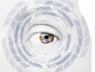 Abstract eye with digital circle. Futuristic vision science and identification concept 