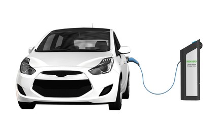 Fototapeta na wymiar Electric cars charging on charge station – electro mobility environment friendly - isolated in white - 3d render