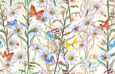 seamless texture with meadow flowers and flying butterflies. watercolor painting - obrazy, fototapety, plakaty