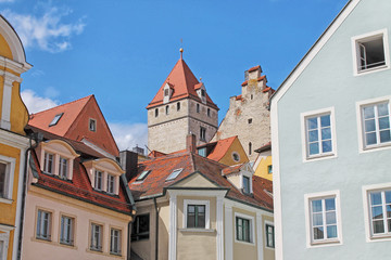Obraz premium View of medieval town Regensburg. Center of the city is a UNESCO World Heritage. Bavaria, Germany.