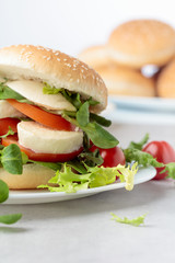 Sandwich with mozzarella, tomato and salad.