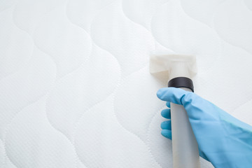 Employee hand in blue protective glove cleaning new modern white mattress with professionally...