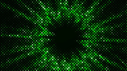 Obraz premium Festive shiny neon background. Halftone gradient pattern vector illustration. Explosion, salute. Glowing green dotted, green disco lights halftone texture. Pop Art comic Background. Dots background