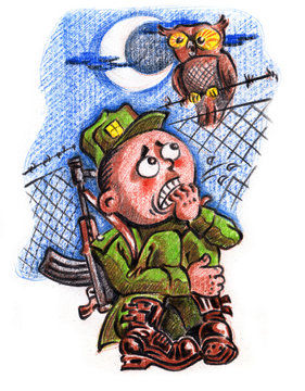 Frightened soldier on a night watch and a hooting owl, pastel drawing