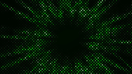 Festive shiny neon background. Halftone gradient pattern vector illustration. Explosion, salute. Glowing green dotted, green disco lights halftone texture. Pop Art comic Background. Dots background