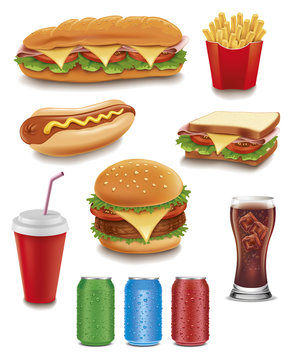 Fast Food Items-hamburger, Fries, Hotdog, Drinks, Sandwich, Baguette	