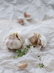 White garlic with green on a tracing paper