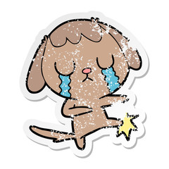 distressed sticker of a cute cartoon dog crying