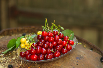 cherries, red and ripe crop. food background. top photo