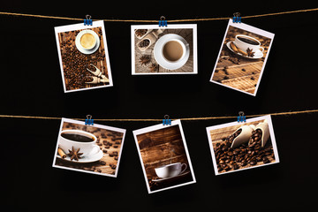 photo of cups of drink and coffee beans attached on linen rope on a black background, concept food industry, wall decor