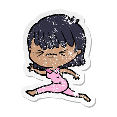 distressed sticker of a cartoon woman jumping